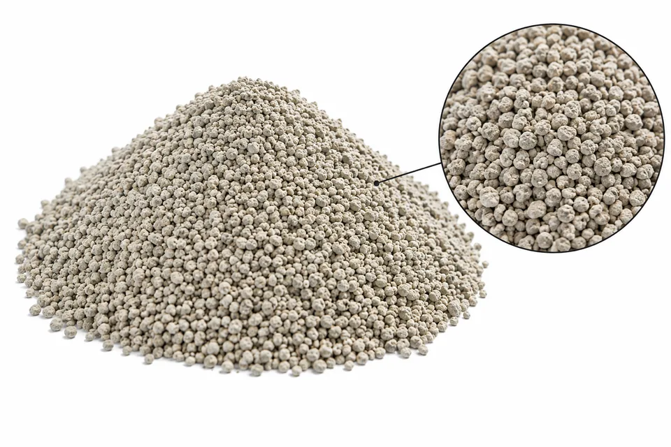 Referencia visual de bentonita granular: montículo de gránulos beige compactados sobre fondo blanco y detalle de textura
