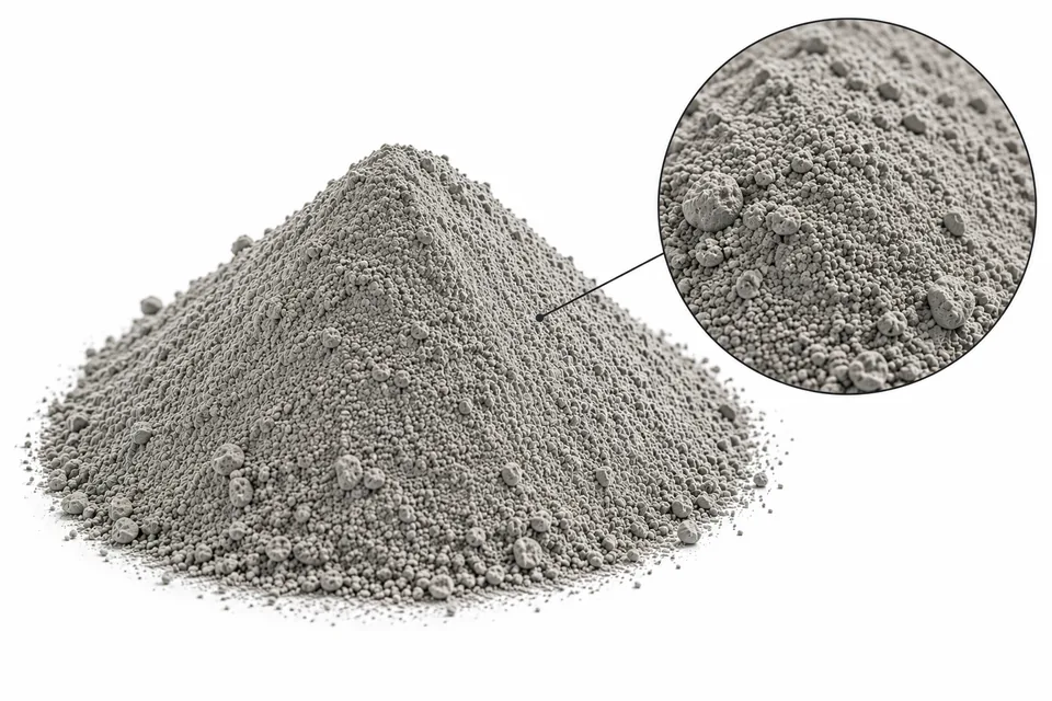 Referencia visual de ceniza volante: montículo de polvo gris medio sobre fondo blanco y detalle de microesferas y grumos mate