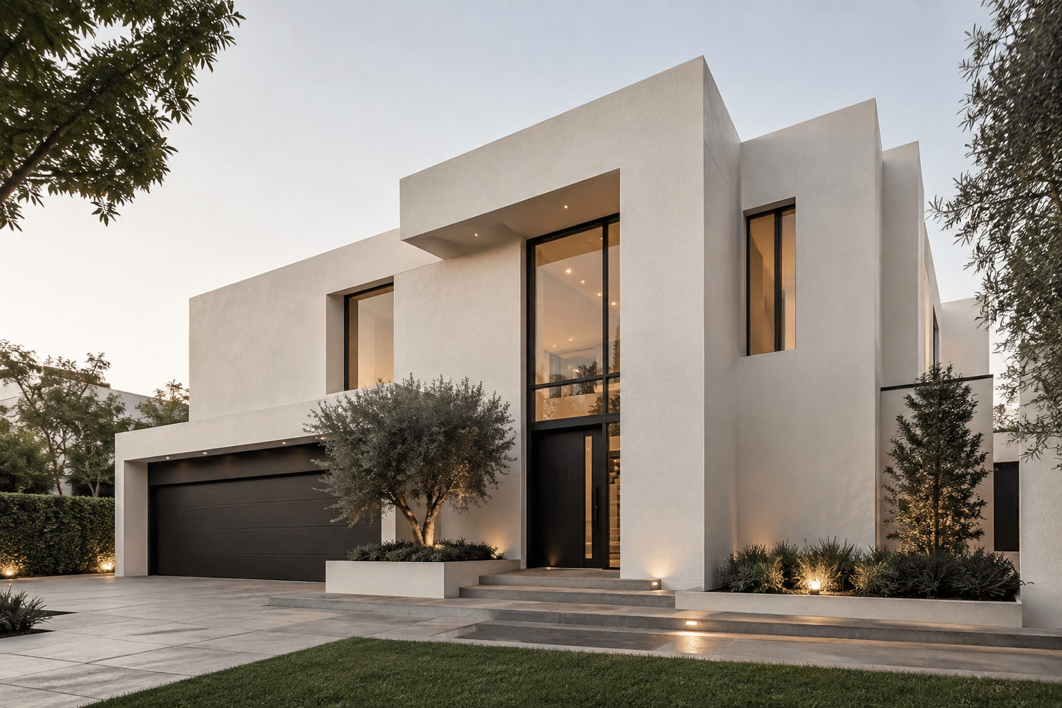 Fachada terminada en Waxtard Blanco Perla, con luz lateral cálida